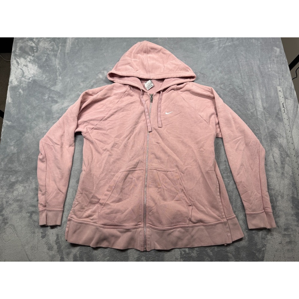 Nike Hoodie Womens Large Pink Dri Fit Side Slit Swoosh Logo Full Zip Athleisure